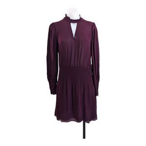 Parker Size Medium Smocked Waist Shift Mini Dress Maroon Silk Mock Neck Keyhole